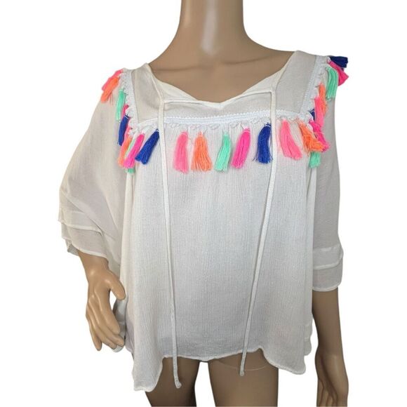 Blushing Heart Tops - Blushing Heart Boho White Poncho Style Blouse With Colorful Tassels